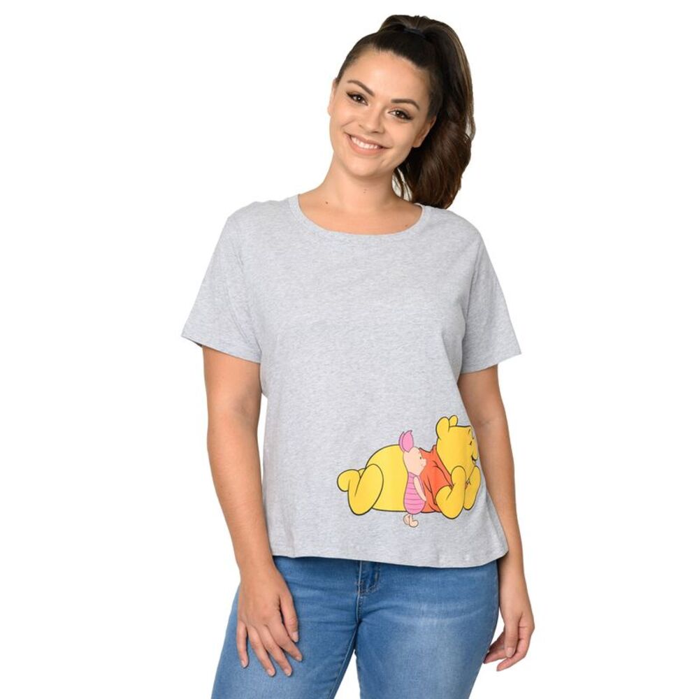 New Winnie The Pooh Cropped T-Shirt Piglet Eeyore Tigger Women's Plus Size Gray